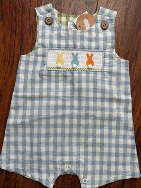 Mud Pie Blue and White Gingham Romper with Multicolor Bunny Smocking